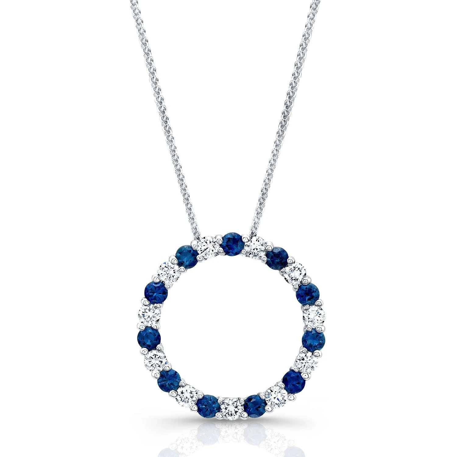 Sapphire And Diamond Circle Pendant In 14k White Gold 17-inch Chain