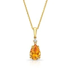 Citrine And Diamond Teardrop Pendant In 14k Yellow Gold 17 In Curb Chain