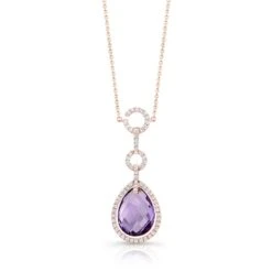 Amethyst Checkerboard Pear Shape Pendant With Diamond Border And Circle Links Bail In 14k Rose Gold (15x11mm)