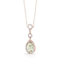 Green Amethyst Checkerboard Pear Shape Necklace With Diamond Border And Circle Links Bail In 14k White Gold (15x11mm)