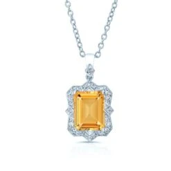 Citrine Emerald Cut And Diamond Pendant In 14k White Gold (1/5 Ct.tw.)