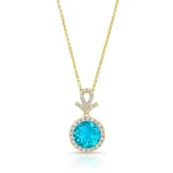 Blue Topaz And Diamond Pave Halo Pendant In 14k Yellow Gold