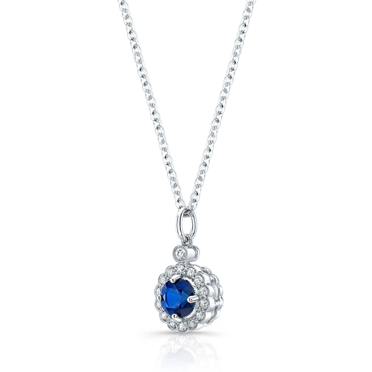 Sapphire And Diamond Scalloped Pendant In 14k White Gold (16-18") - Image 2