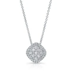 Diamond Micro-prong Set Cushion Shape Pendant With Double Border In 14k White Gold