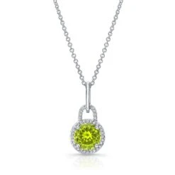 Peridot And Diamond Round Halo Doorknocker Dangle Pendant In 14kw White Gold (7mm), 17-inch Chain