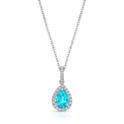 Blue Topaz And Diamond Teardrop Halo Pendant With Slim Pave Bail In 14k White Gold 0.12ctw With 16-18 Inch Adjustable Rolo Chain