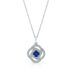 Sapphire And Diamond Round Pendant With Pave Love Knot Frame In 14k White Gold (5.5mm)