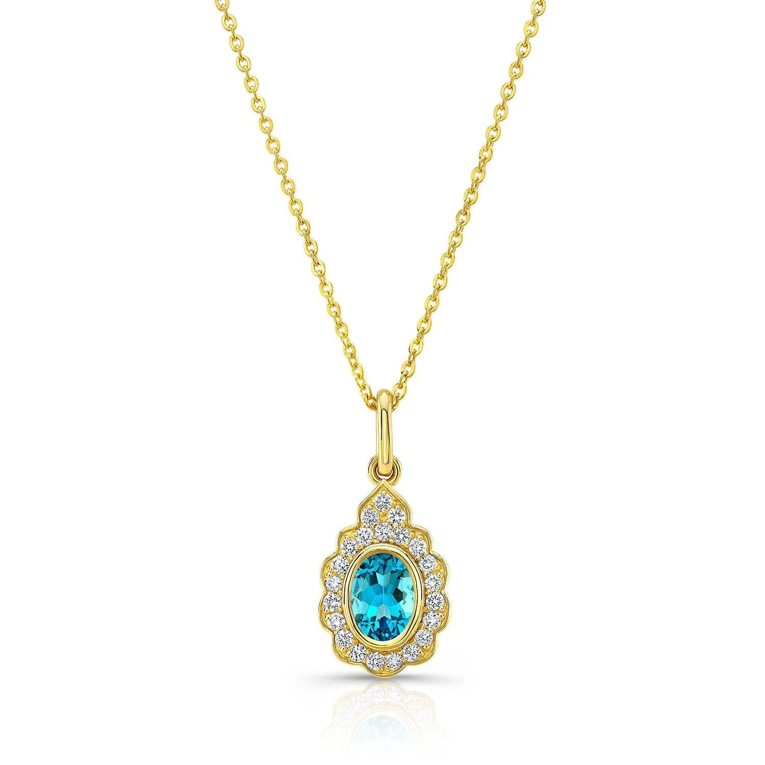 Blue Topaz And Diamond Oval Bezel Pendant With Teardrop Scallop Frame In 14k Yellow Gold (7x5mm) Adj Chain