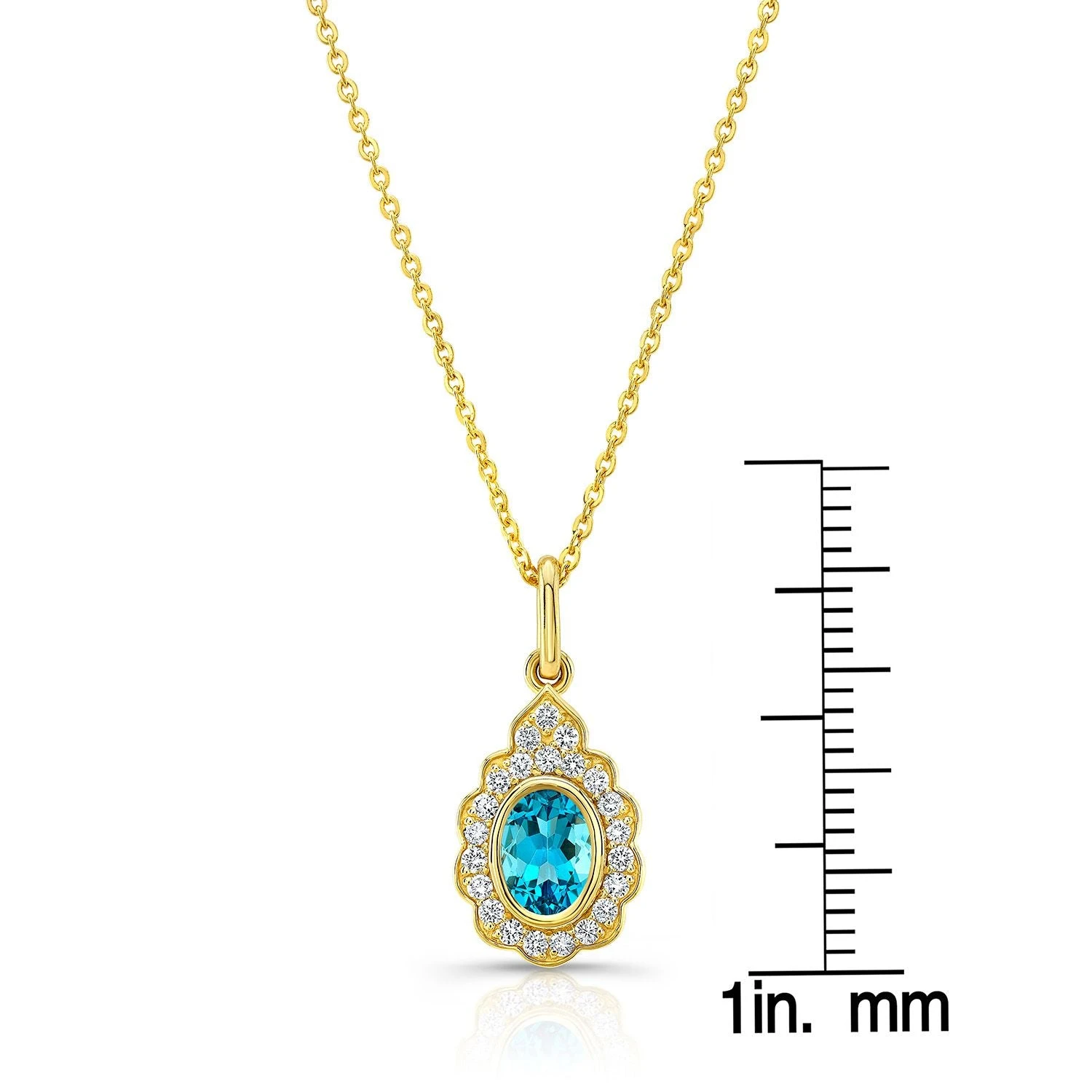 Blue Topaz And Diamond Oval Bezel Pendant With Teardrop Scallop Frame In 14k Yellow Gold (7x5mm) Adj Chain - Image 3