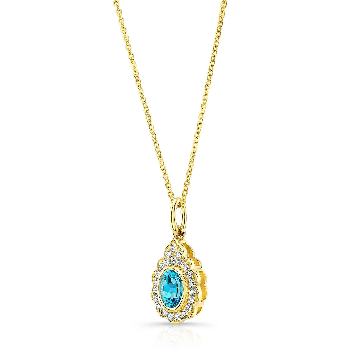 Blue Topaz And Diamond Oval Bezel Pendant With Teardrop Scallop Frame In 14k Yellow Gold (7x5mm) Adj Chain - Image 2