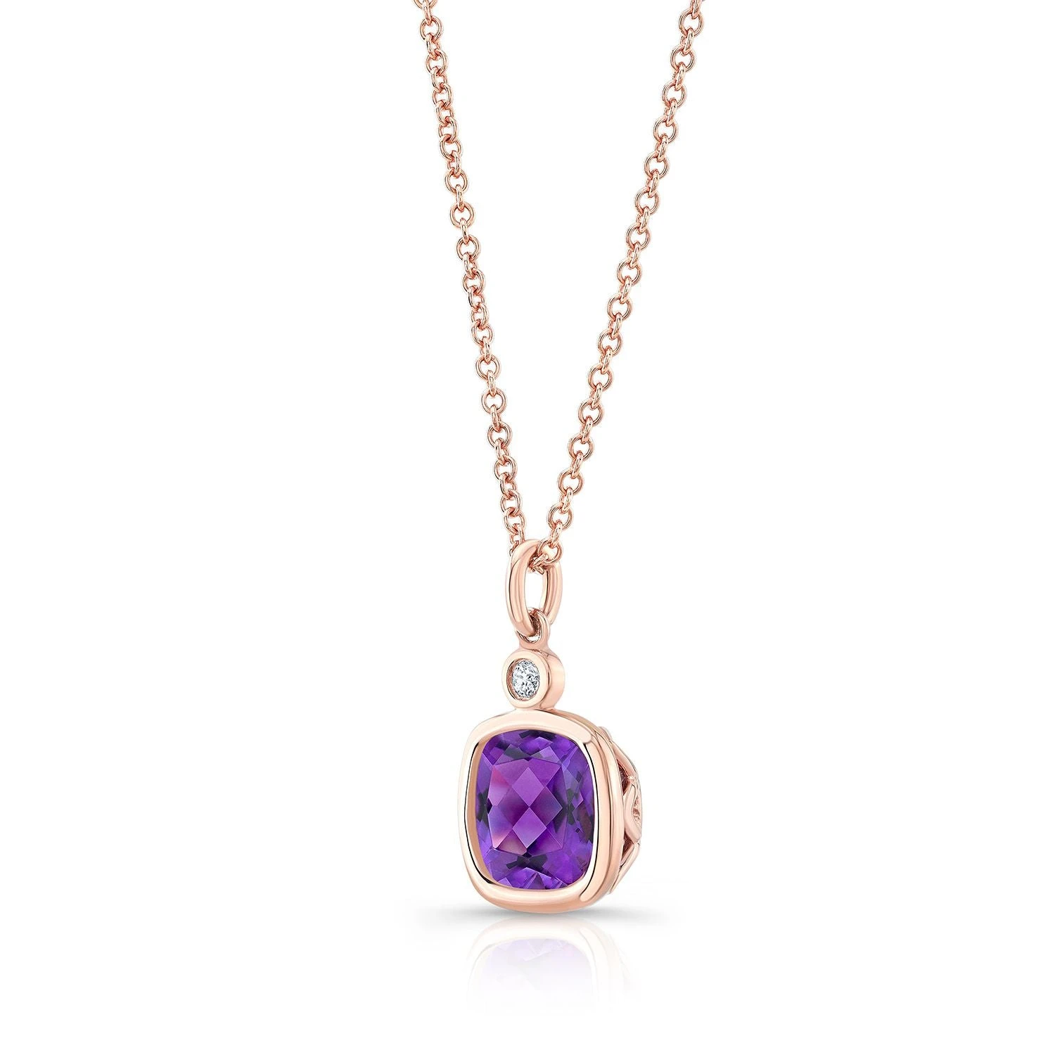 Amethyst Cushion Bezel Pendant With Single Diamond Accented Fine Bail In 14k Rose Gold (8mm) 16-18 Inch Adj Chain - Image 2