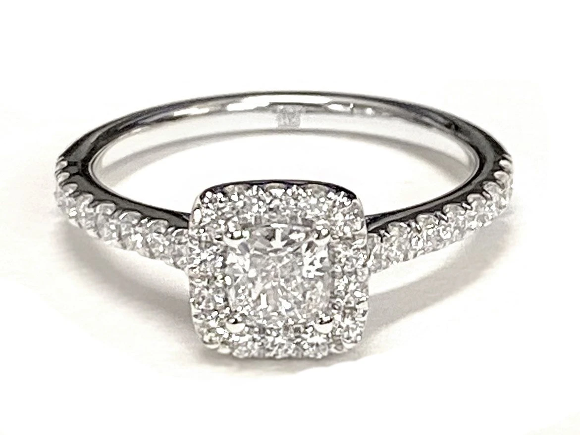 Platinum Cushion Diamond Classic Pave Halo Cathedral Style Engagement Ring -1/2ctw - Image 4