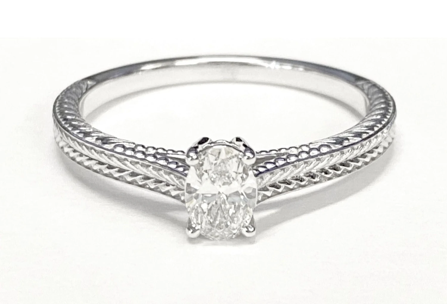 Platinum OvalHand Engraved Vintage Cathedral Style Solitaire Engagement Ring - Image 4
