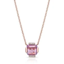 Amethyst Square Necklace With Diamond Pave & Solid Bar/channel Basket In 14k Rose Gold (16-18 Adj Chn)