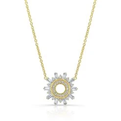 Diamond Round And Straight Baguette Starburst Necklace In 14k Yellow Gold