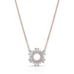 Diamond Pave Circle And Tapered Baguette Starburst Necklace In 14k Rose Gold