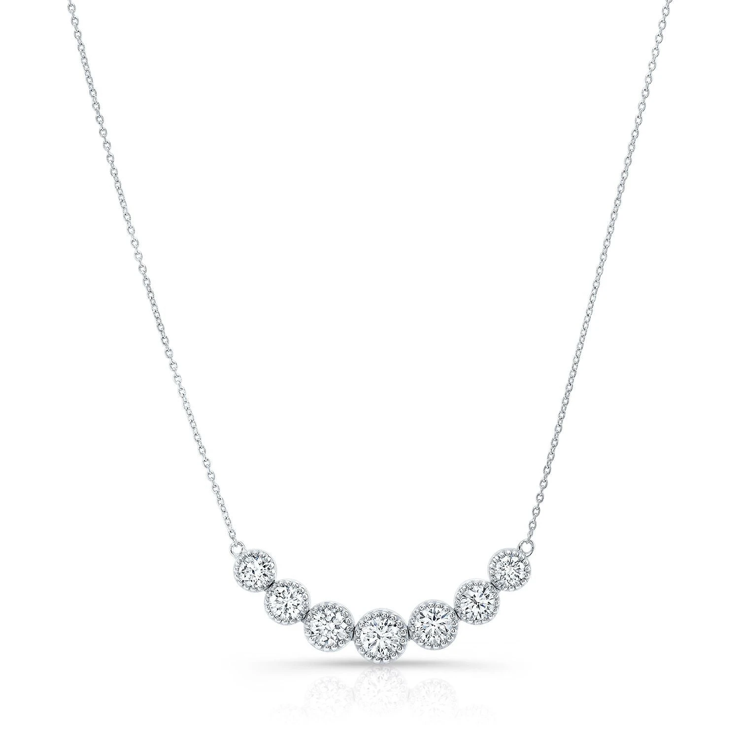 Diamond 7-stone Round Bezel Graduated Necklace With Millgrained Edging In 14k White Gold