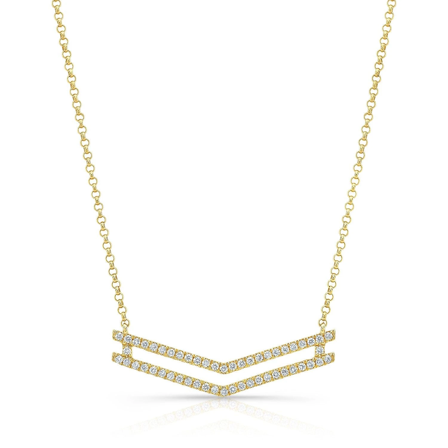 Diamond Micro-prong Set Double Chevron Necklace In 14k Yellow Gold, 18 Inch