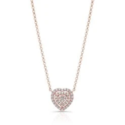 Diamond Heart Cluster Necklace With Pave Double Border In 14k Rose Gold, 18 Inches