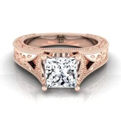 14K Rose Gold Princess CutHand Engraved And Milgrain Vintage Solitaire Engagement Ring