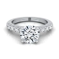 Platinum Round Brilliant Simple Linear Diamond Pave Engagement Ring
