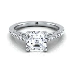 Platinum Asscher Cut Diamond French Pave Cathedral Style Solitaire Engagement Ring -1/4ctw