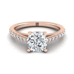 14K Rose Gold Cushion Diamond French Pave Cathedral Style Solitaire Engagement Ring -1/4ctw