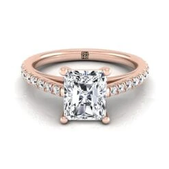 14K Rose Gold Radiant Cut Center Diamond French Pave Cathedral Style Solitaire Engagement Ring -1/4ctw