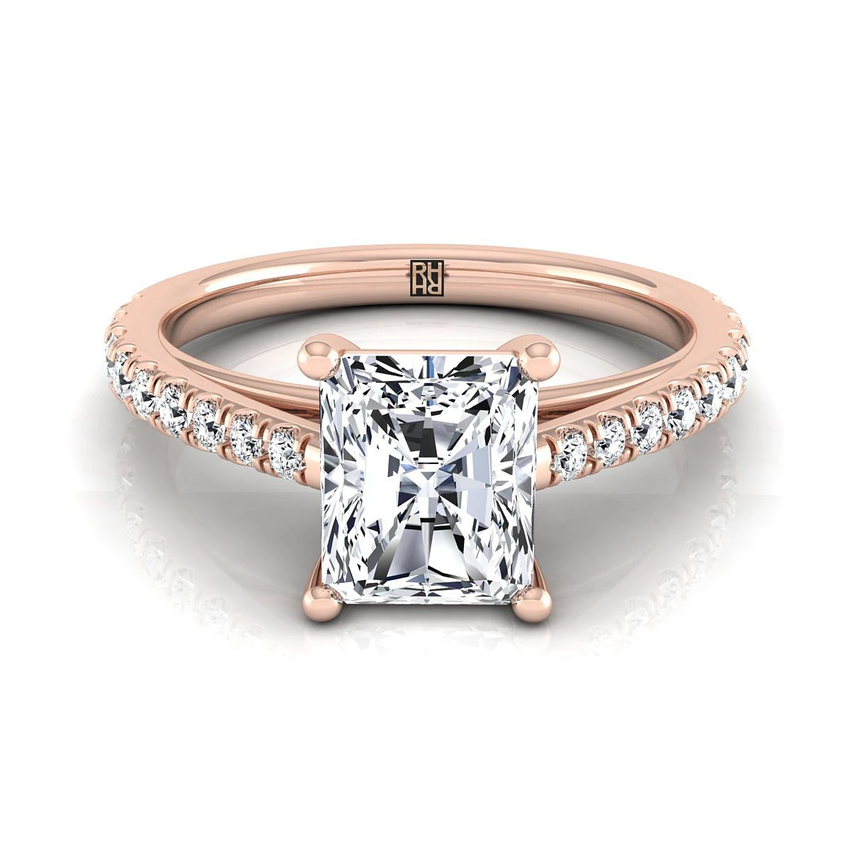 14K Rose Gold Radiant Cut Center Diamond French Pave Cathedral Style Solitaire Engagement Ring -1/4ctw