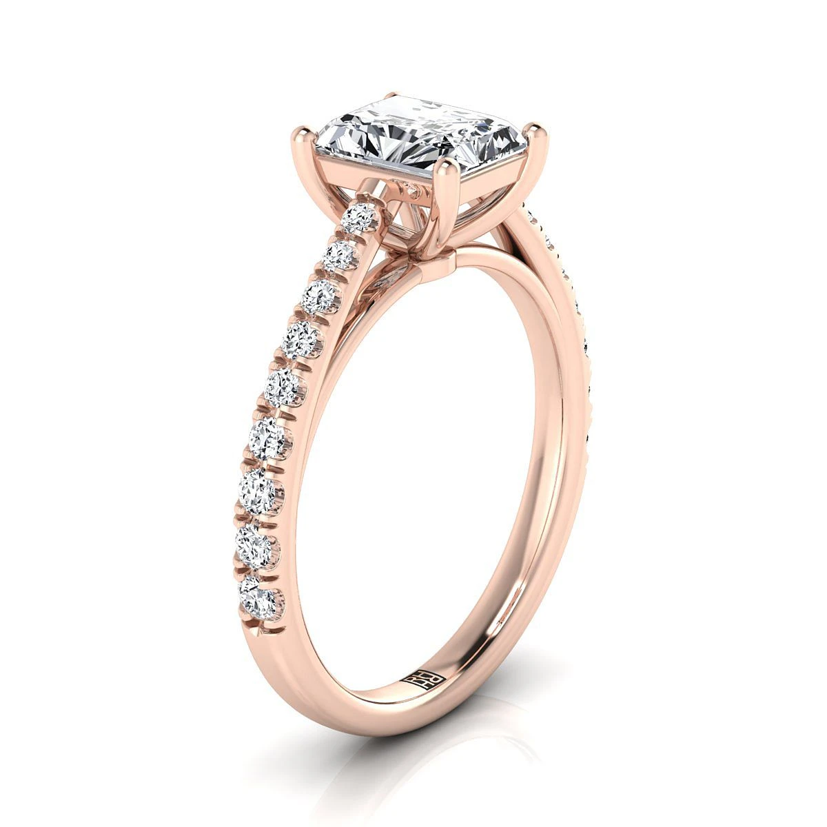 14K Rose Gold Radiant Cut Center Diamond French Pave Cathedral Style Solitaire Engagement Ring -1/4ctw - Image 2
