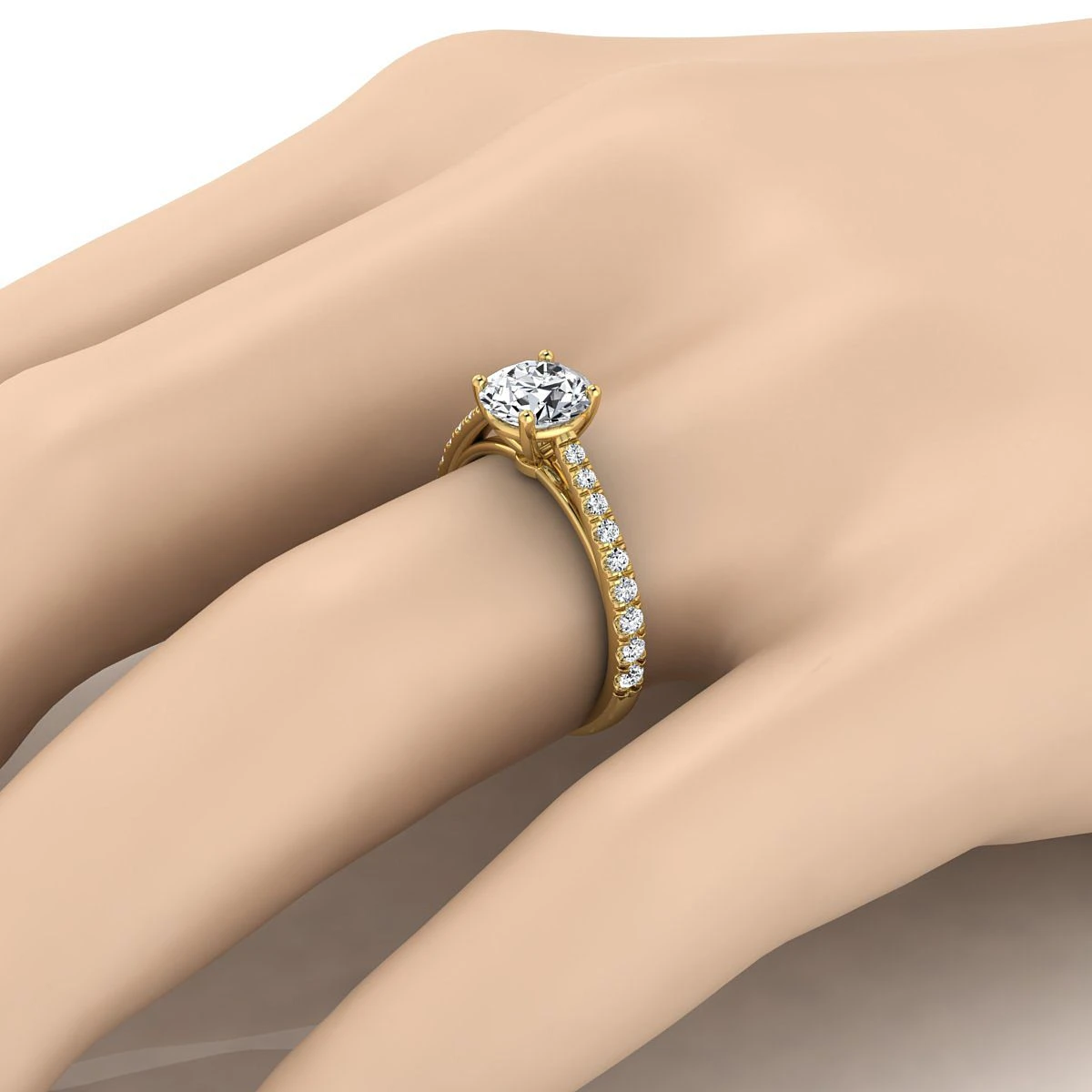 18K Yellow Gold Round Brilliant Diamond French Pave Cathedral Style Solitaire Engagement Ring -1/4ctw - Image 3