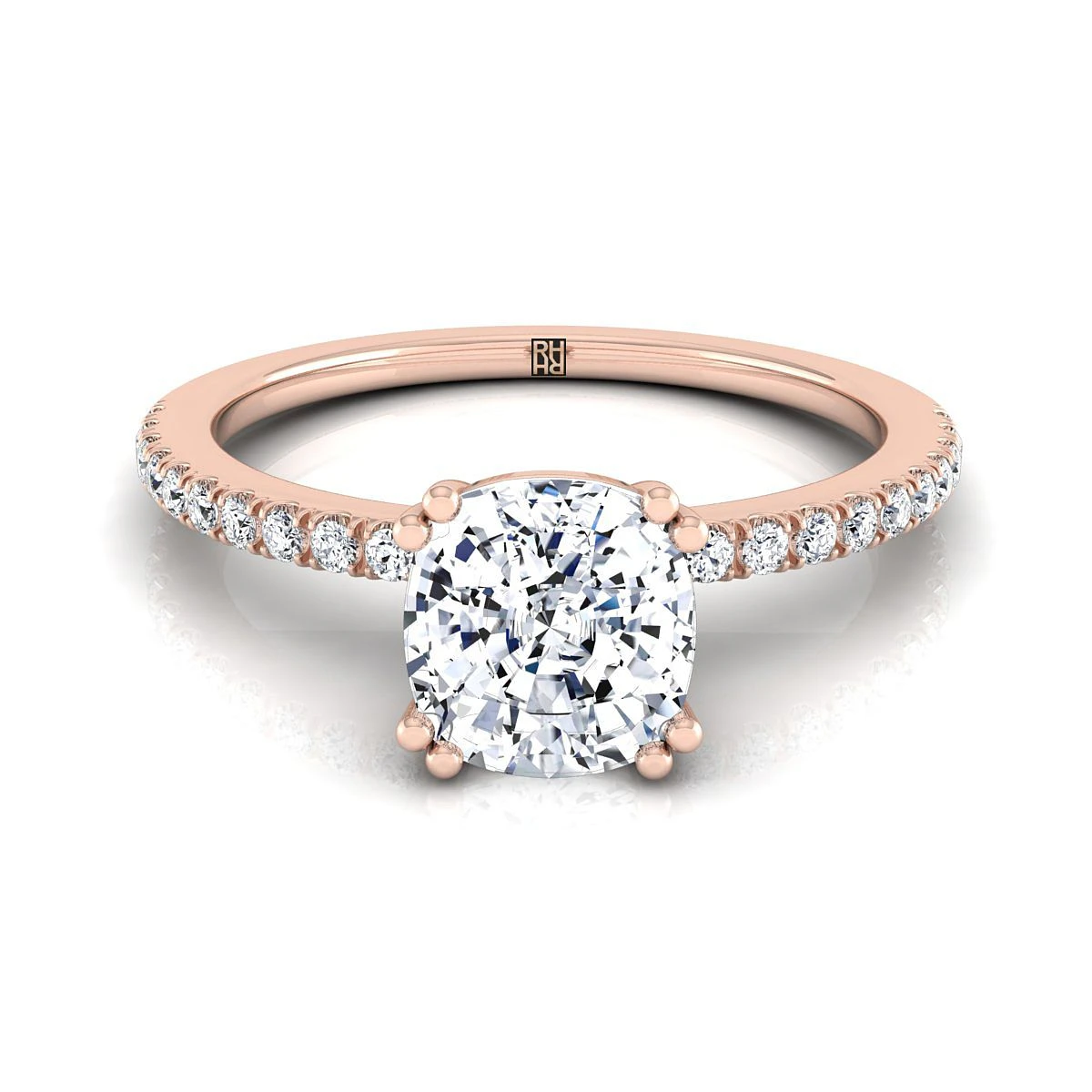 14K Rose Gold Cushion Diamond Simple French Pave Double Claw Prong Engagement Ring -1/6ctw