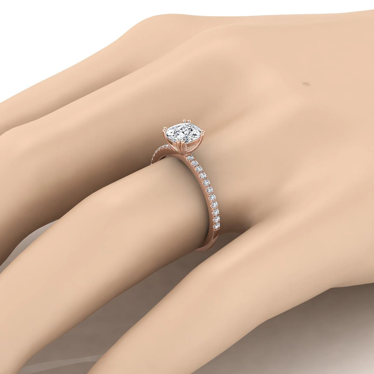 14K Rose Gold Cushion Diamond Simple French Pave Double Claw Prong Engagement Ring -1/6ctw - Image 3