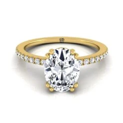 14K Yellow Gold Oval Diamond Simple French Pave Double Claw Prong Engagement Ring -1/6ctw