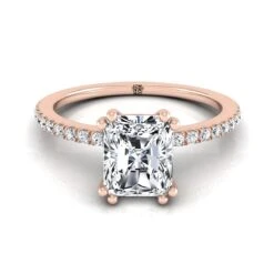 14K Rose Gold Radiant Cut Center Diamond Simple French Pave Double Claw Prong Engagement Ring -1/6ctw
