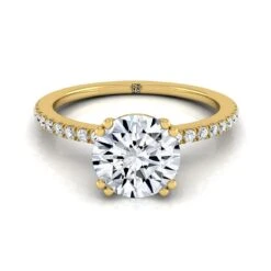 18K Yellow Gold Round Brilliant Diamond Simple French Pave Double Claw Prong Engagement Ring -1/6ctw