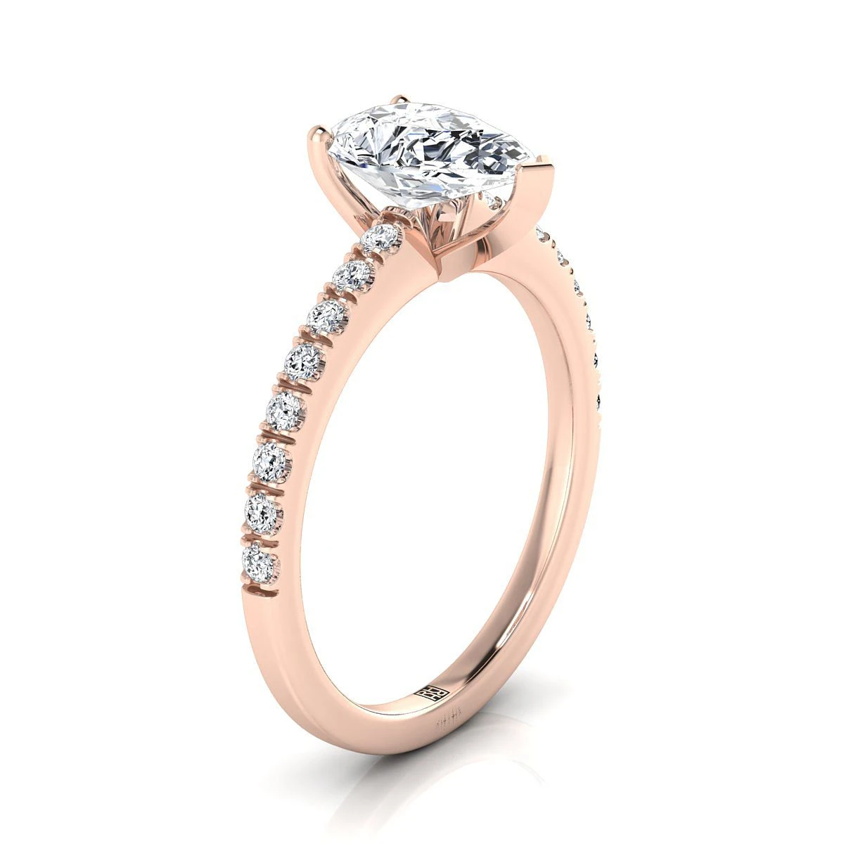 14K Rose Gold Pear Shape Center Simple Linear Diamond Pave Engagement Ring -1/5ctw - Image 2