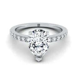 Platinum Pear Shape Center Simple Linear Diamond Pave Engagement Ring -1/5ctw