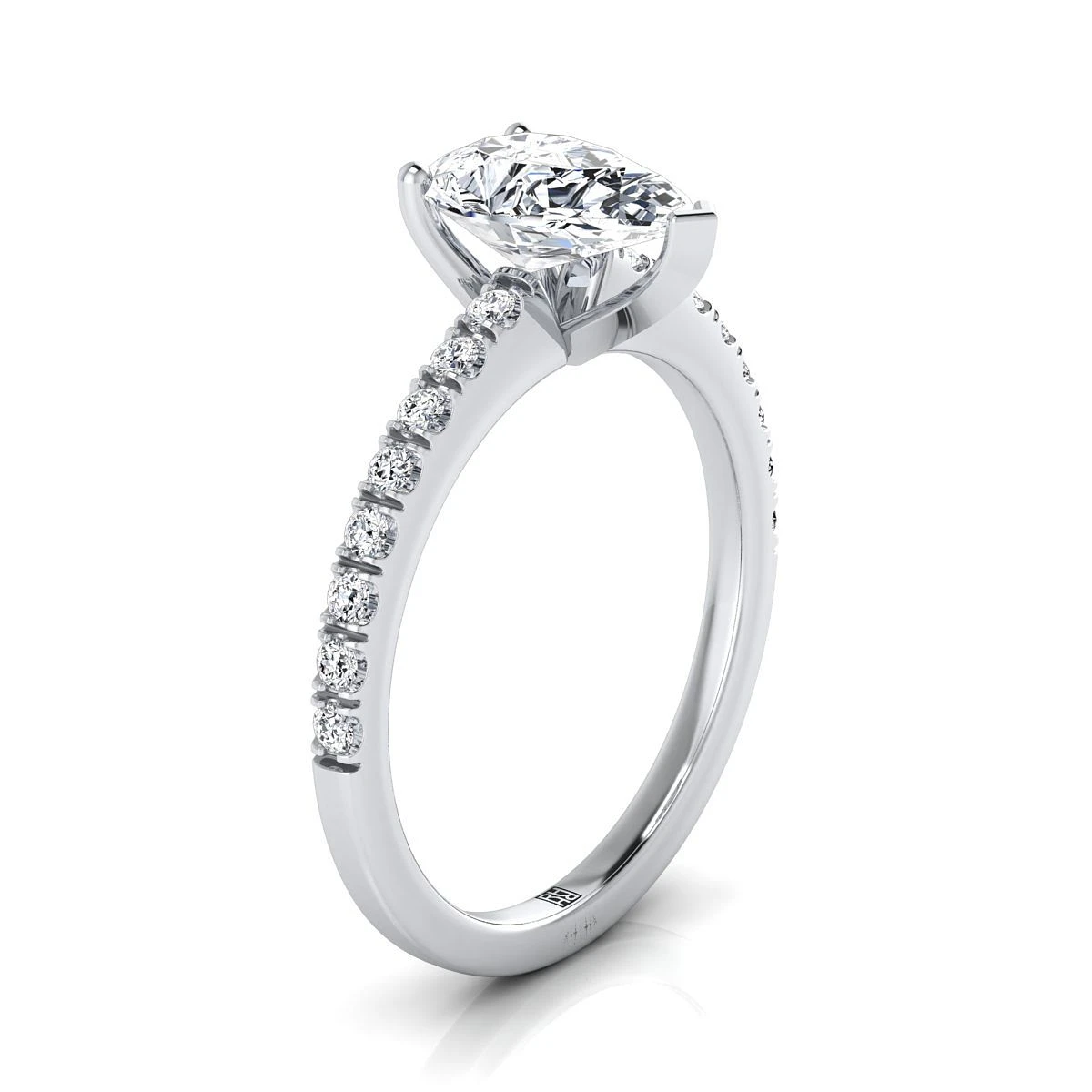 Platinum Pear Shape Center Simple Linear Diamond Pave Engagement Ring -1/5ctw - Image 2