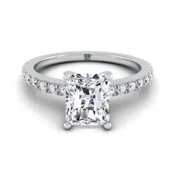 Platinum Radiant Cut Center Simple Linear Diamond Pave Engagement Ring -1/5ctw