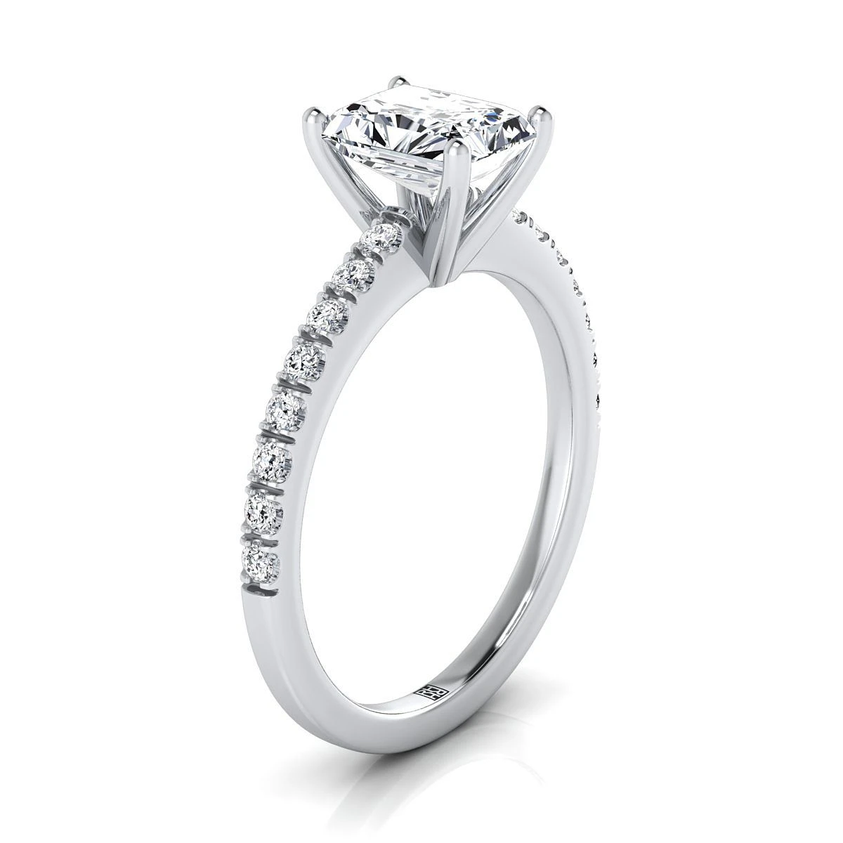 Platinum Radiant Cut Center Simple Linear Diamond Pave Engagement Ring -1/5ctw - Image 2