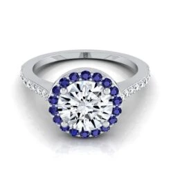 Platinum Round Brilliant Classic French Pave Blue Sapphire Halo And Linear Engagement Ring -1/6ctw