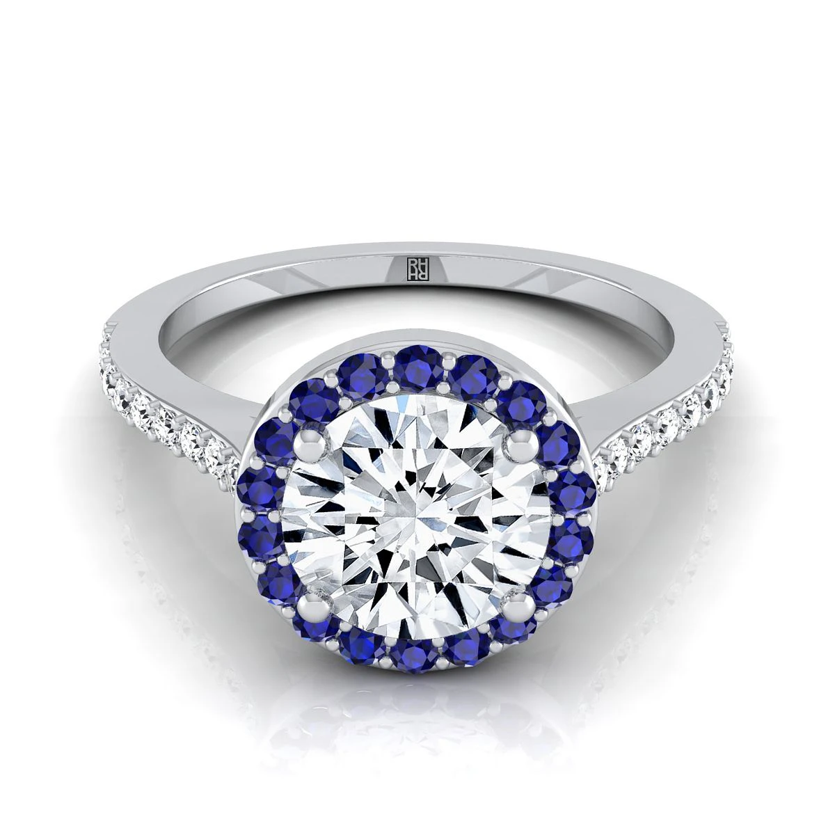Platinum Round Brilliant Classic French Pave Blue Sapphire Halo And Linear Engagement Ring -1/6ctw