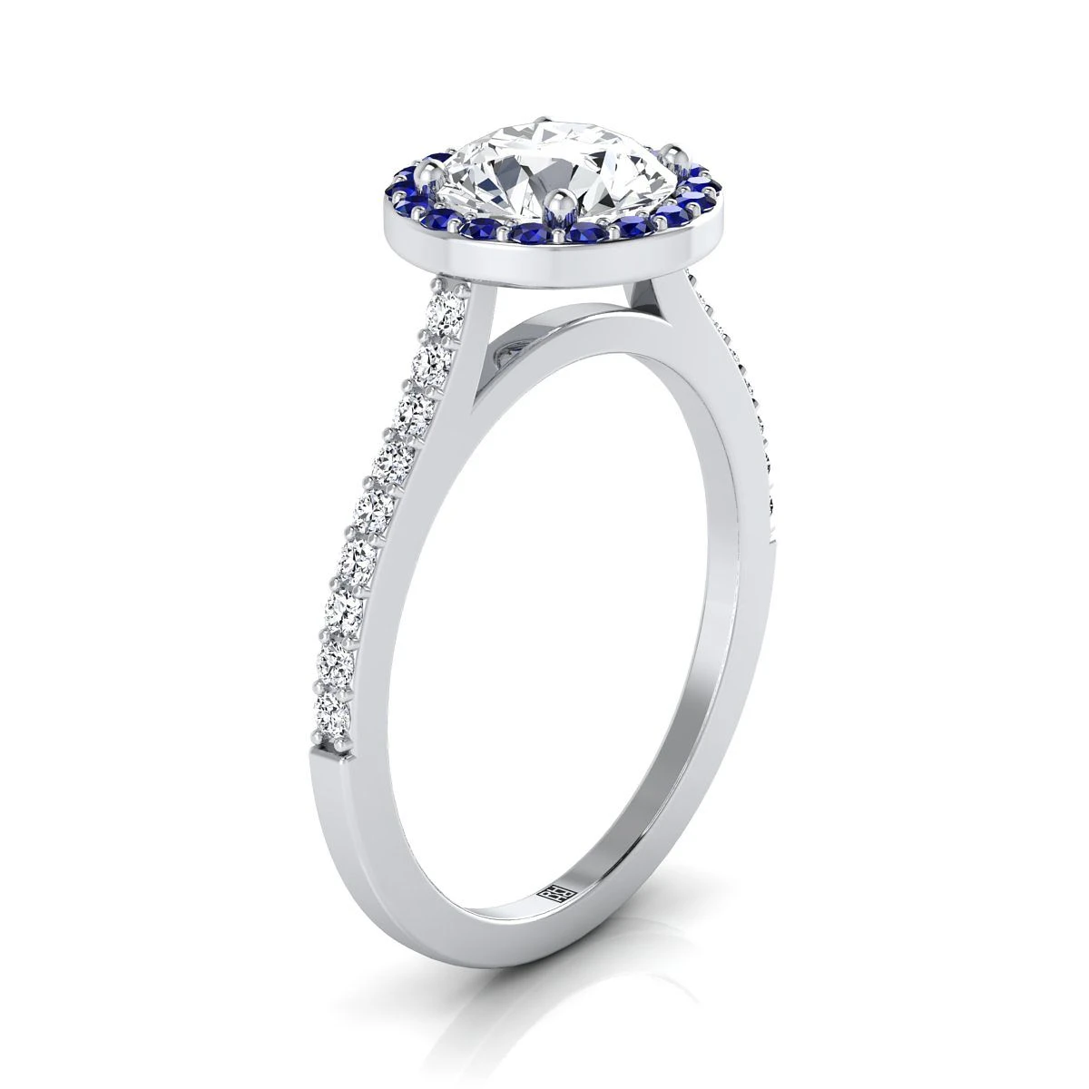 Platinum Round Brilliant Classic French Pave Blue Sapphire Halo And Linear Engagement Ring -1/6ctw - Image 2