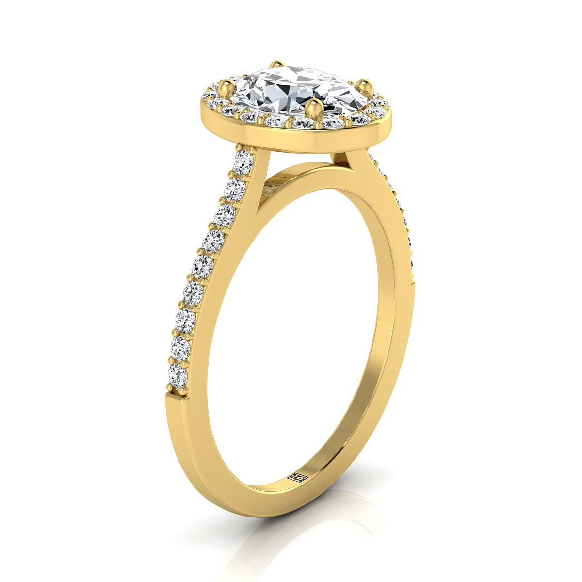 14K Yellow Gold Oval Classic French Pave Diamond Halo And Linear Engagement Ring -1/3ctw - Image 2
