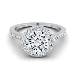 Platinum Round Brilliant Classic French Pave Diamond Halo And Linear Engagement Ring -1/3ctw