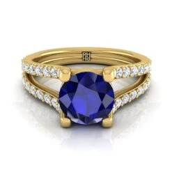14K Yellow Gold Round Brilliant Prong Set Sapphire Split Shank Engagement Ring