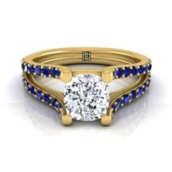 18K Yellow Gold Cushion Prong Set Sapphire Split Shank Engagement Ring
