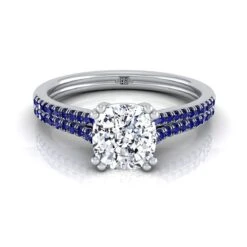 Platinum CushionDouble Row Double Prong French Pave Diamond Engagement Ring