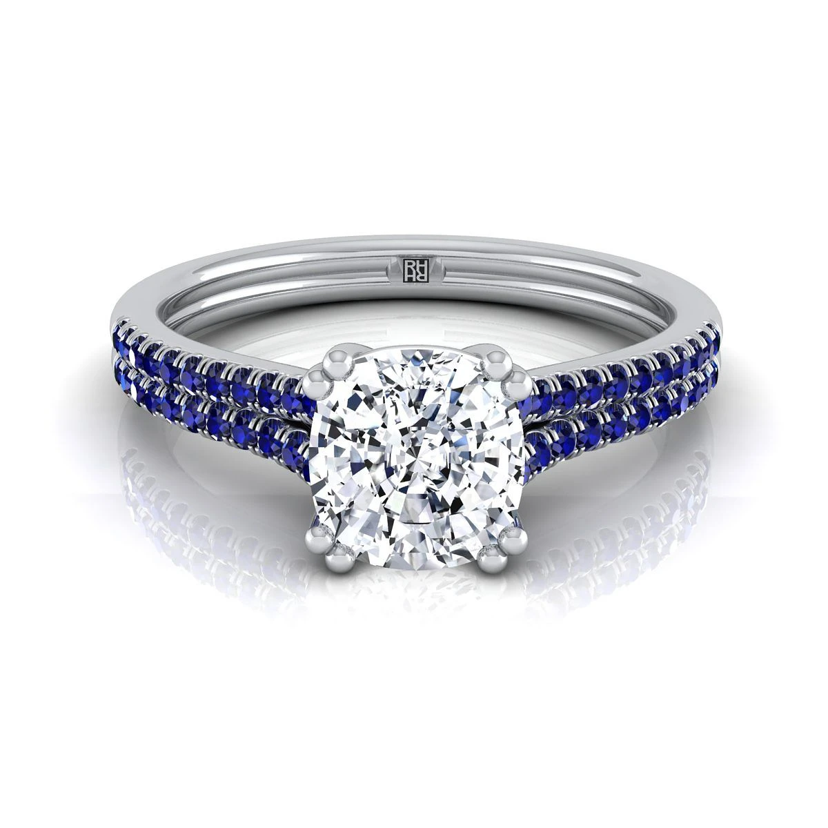 Platinum CushionDouble Row Double Prong French Pave Diamond Engagement Ring
